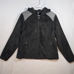 Eddie Bauer Womens Fuzzy Fleece Black Long Sleeve Full Zip Hooded Coat Jacket M